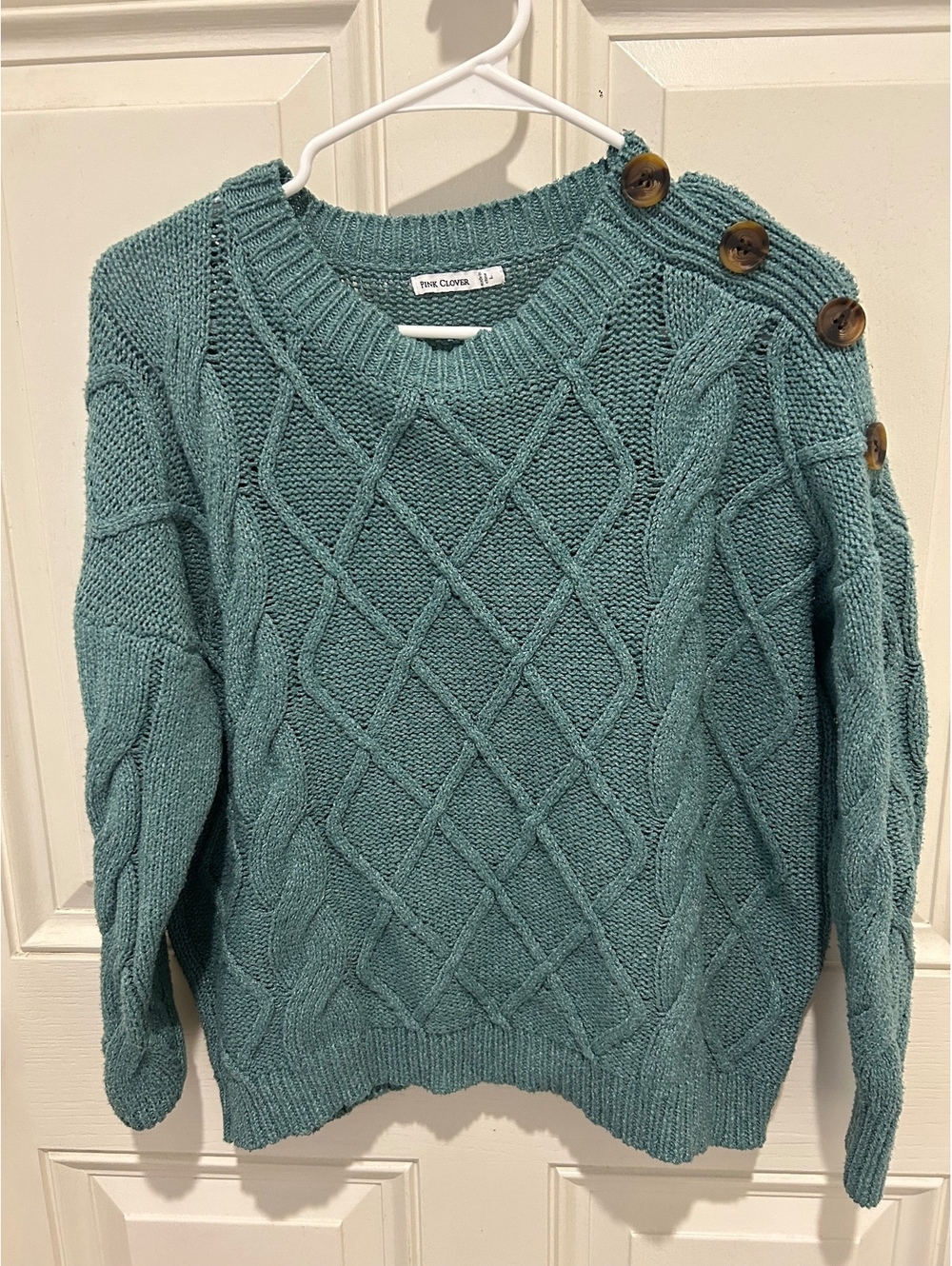 Pink Clover Women's Teal Cable Knit Pullover Sweater with Shoulder Buttons Size